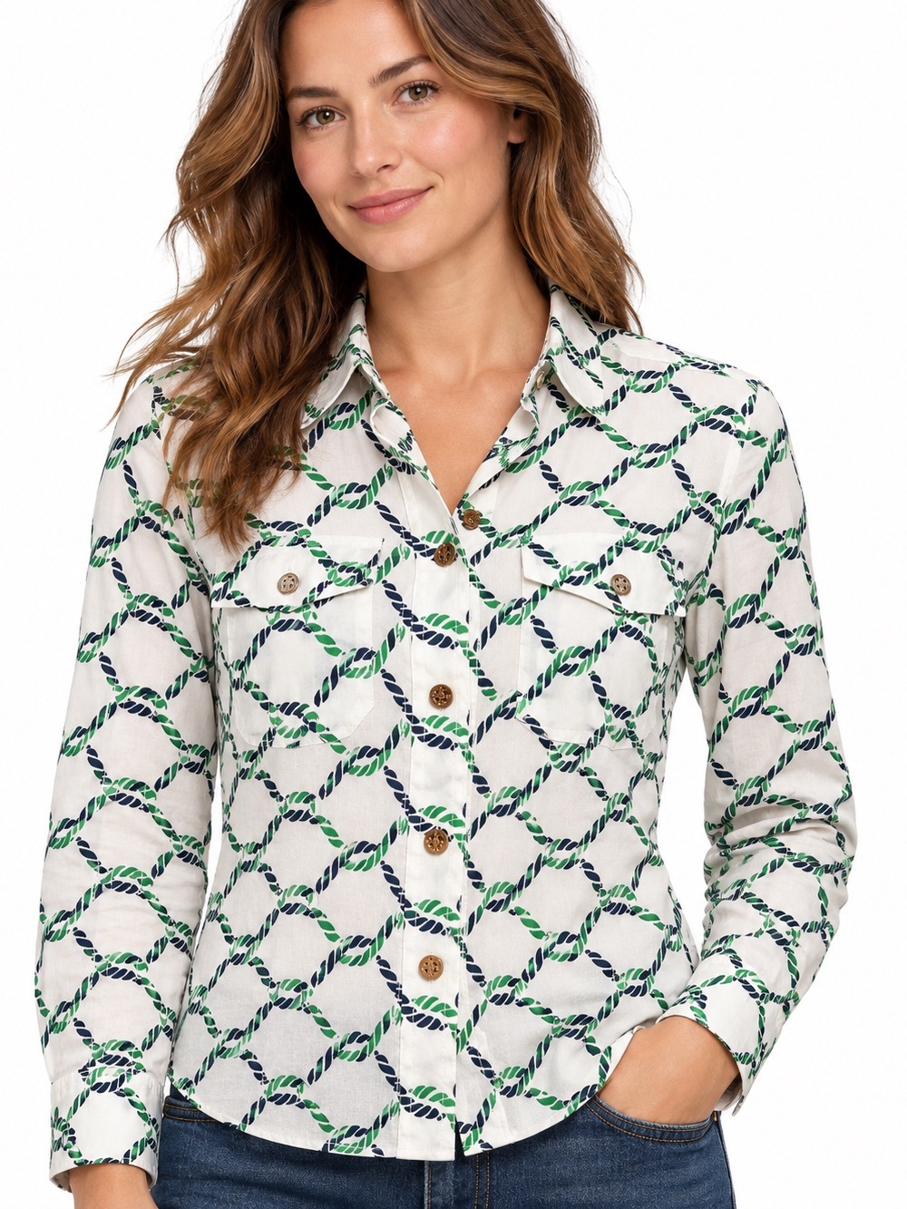 Tory Burch Rope Print Cotton Button Down Shirt Size 4 Small